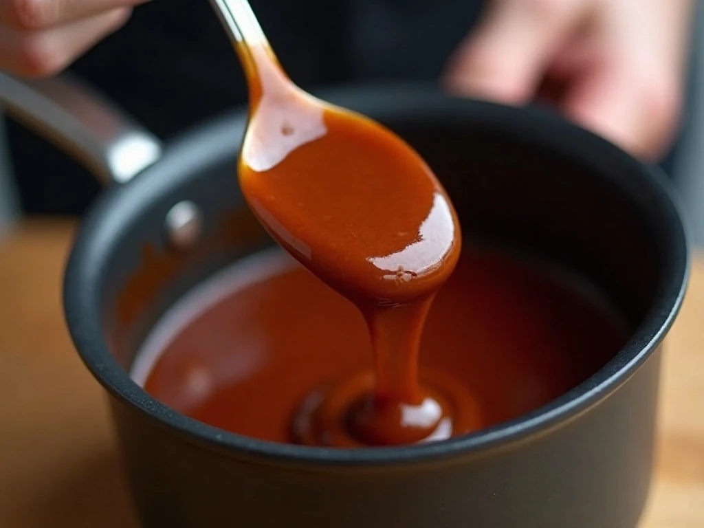 Thick Guinness glaze coating the back of a spoon