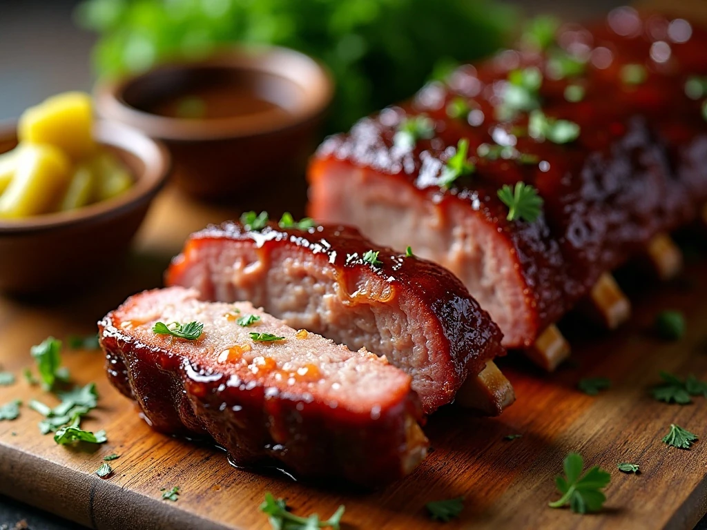 Close-up of tender sliced ribs with extra Guinness glaze