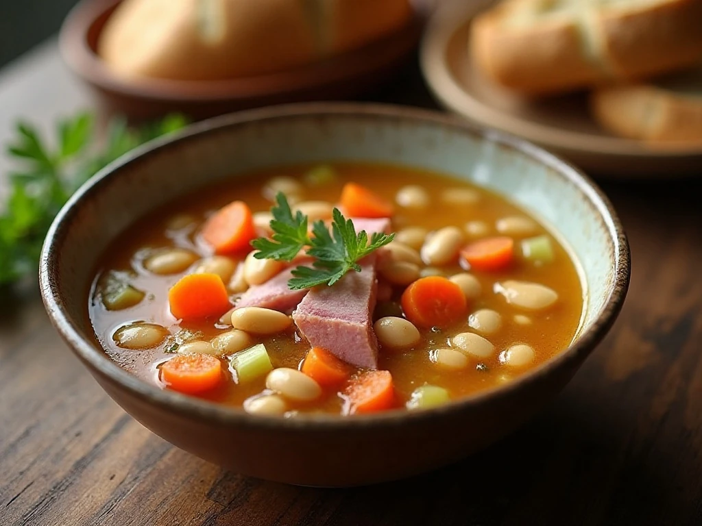 Hearty homemade ham and bean soup served with crusty bread