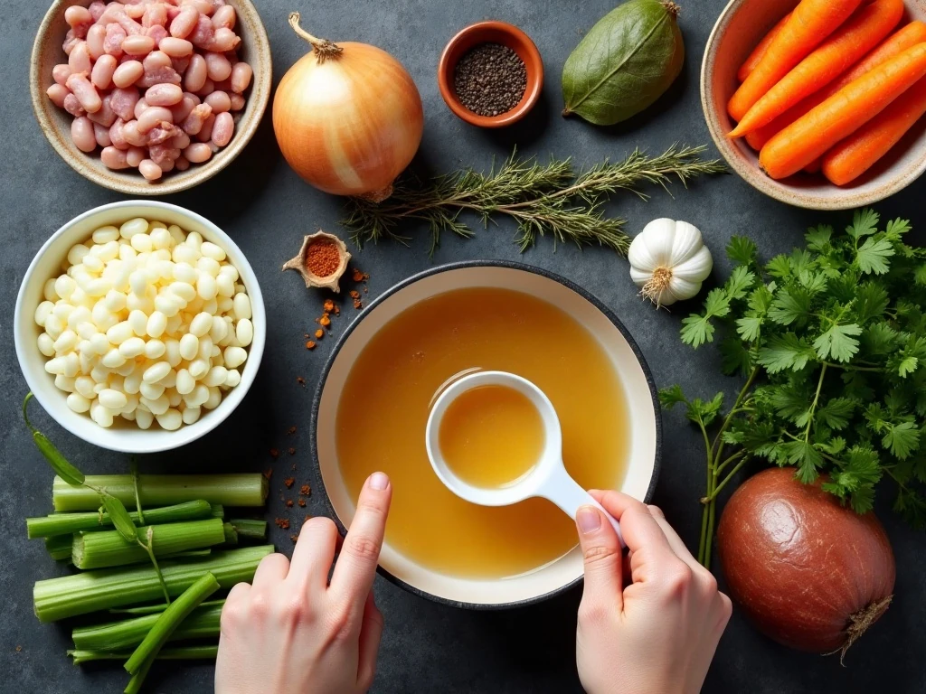 Ingredients for homemade ham and bean soup arranged on a counter