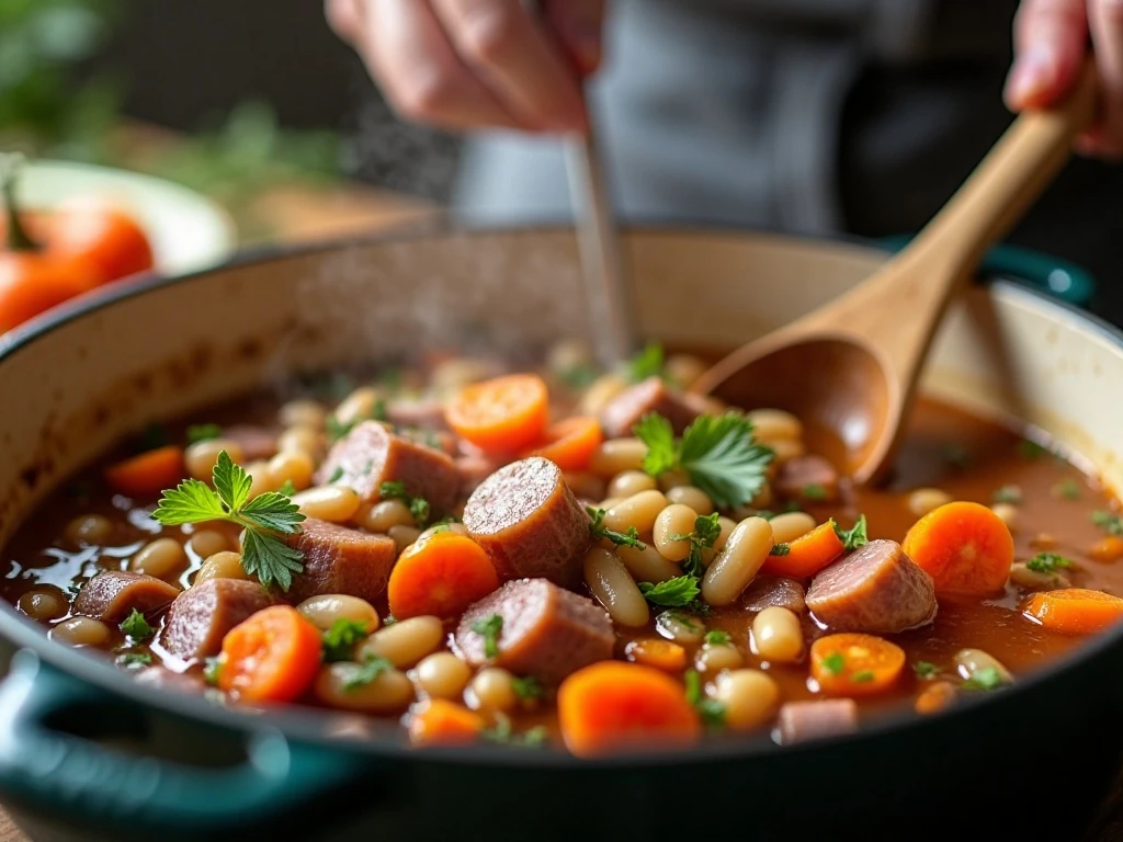 Ham and bean soup simmering in a Dutch oven