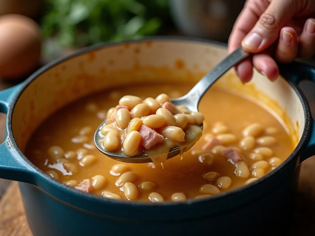 Mashing beans to naturally thicken ham and bean soup
