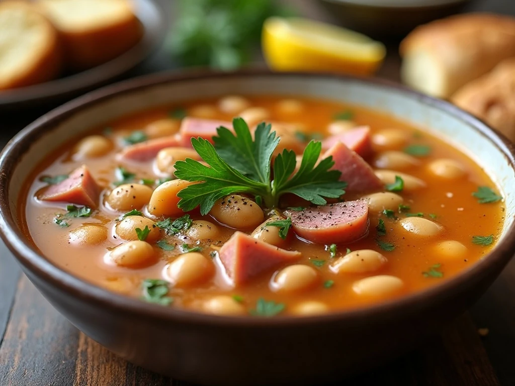 Close-up ham and bean soup garnished with parsley and black pepper