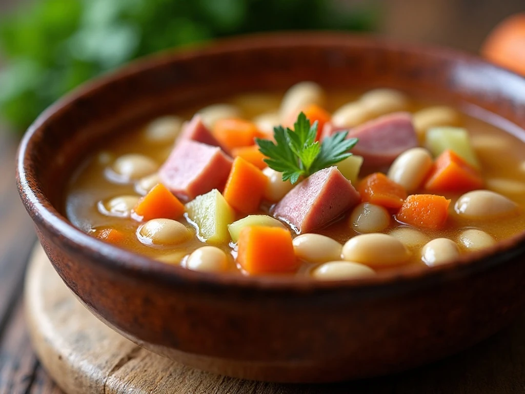 Hearty ham and bean soup served in a rustic bowl
