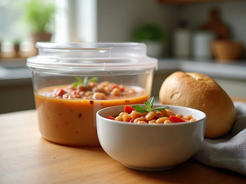 Ham and bean soup prepared for storage and reheating
