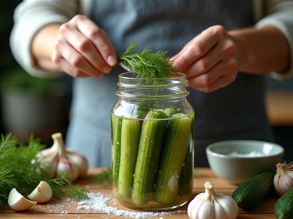Packing cucumbers and seasonings into a jar for fermentation