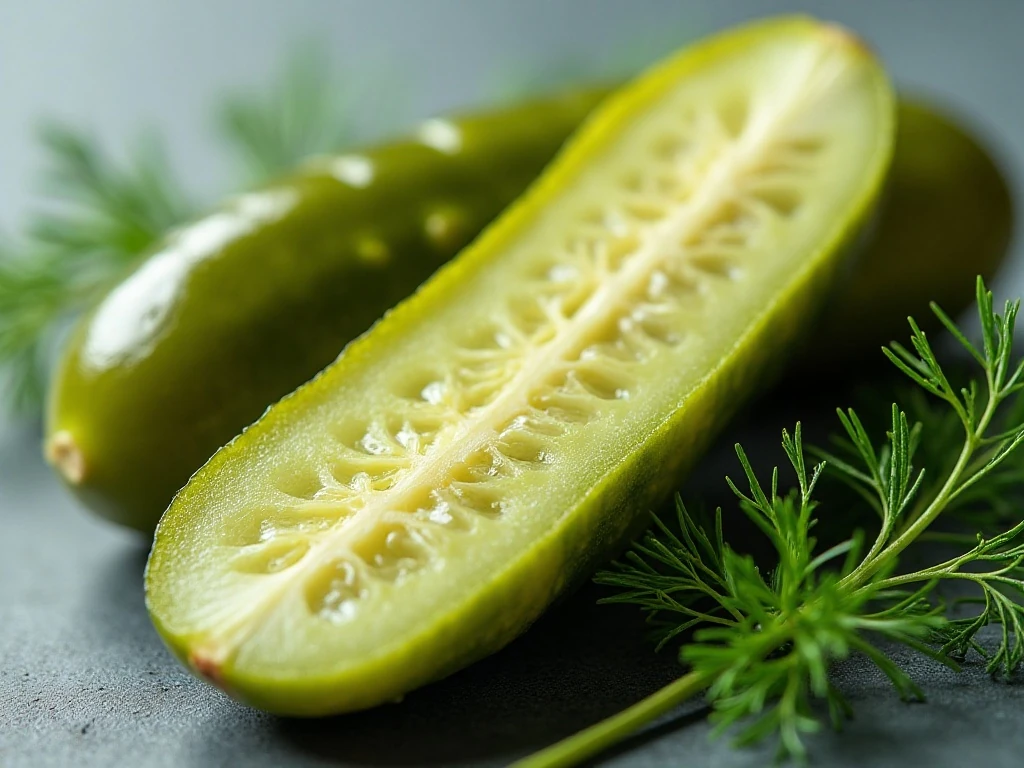 Close-up of a crisp half-sour pickle interior