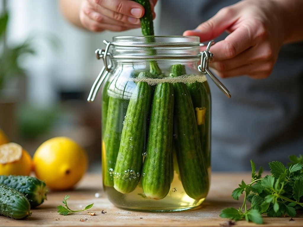 Cucumbers submerged in brine during half-sour fermentation