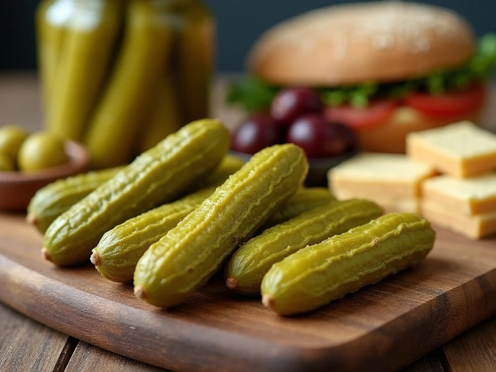 Half-sour pickles served on a sandwich and snack board