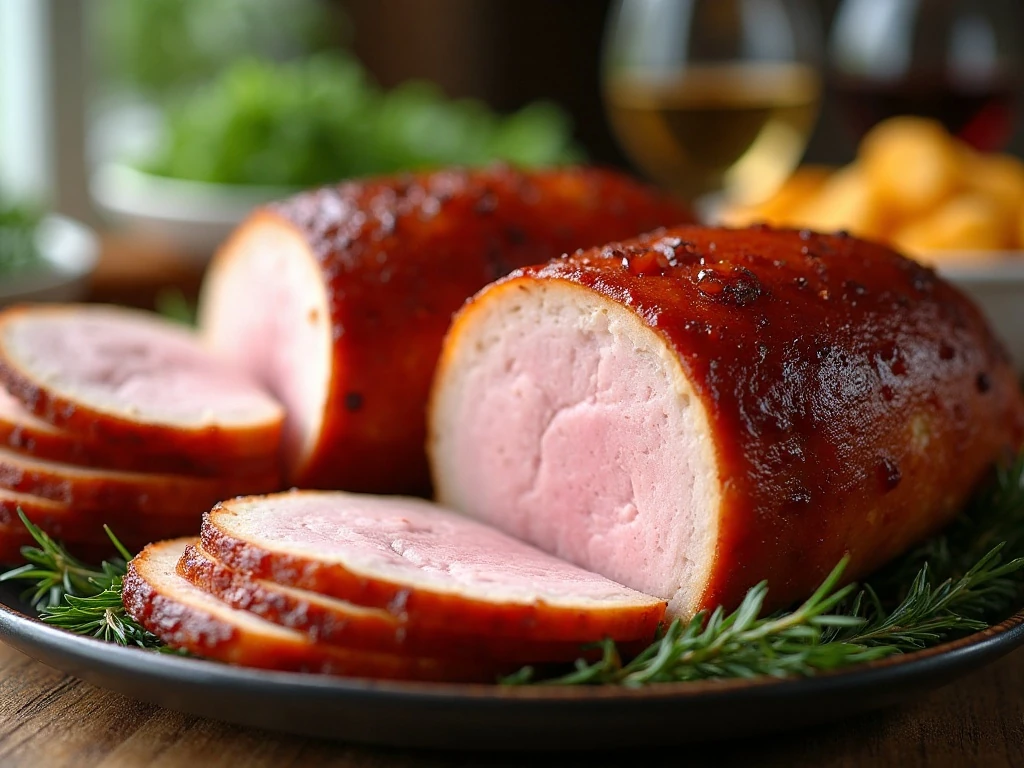 Sliced Hallelujah ham loaves with glossy brown sugar glaze