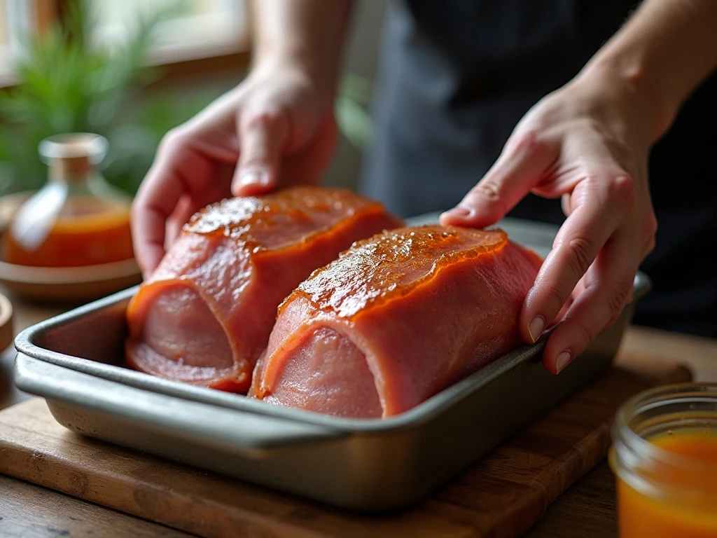 Shaping two ham loaves in a shallow baking pan