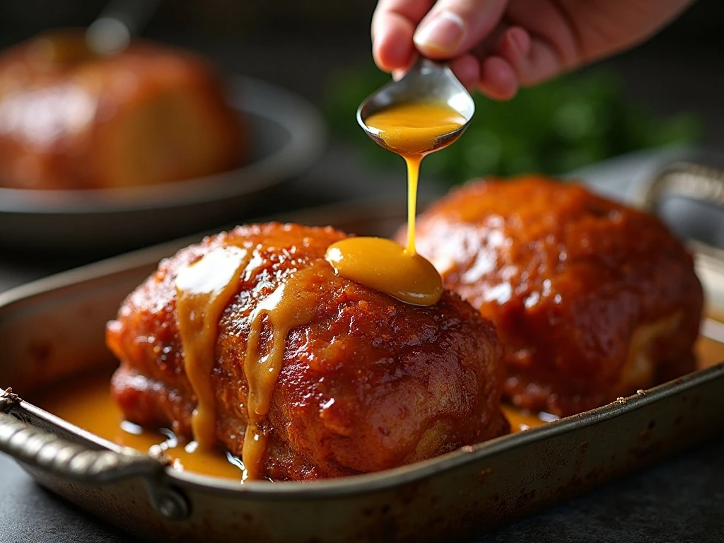 Basting sweet-tangy glaze over ham loaves