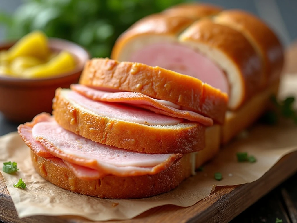 Ham loaf leftovers served in a sandwich with mustard