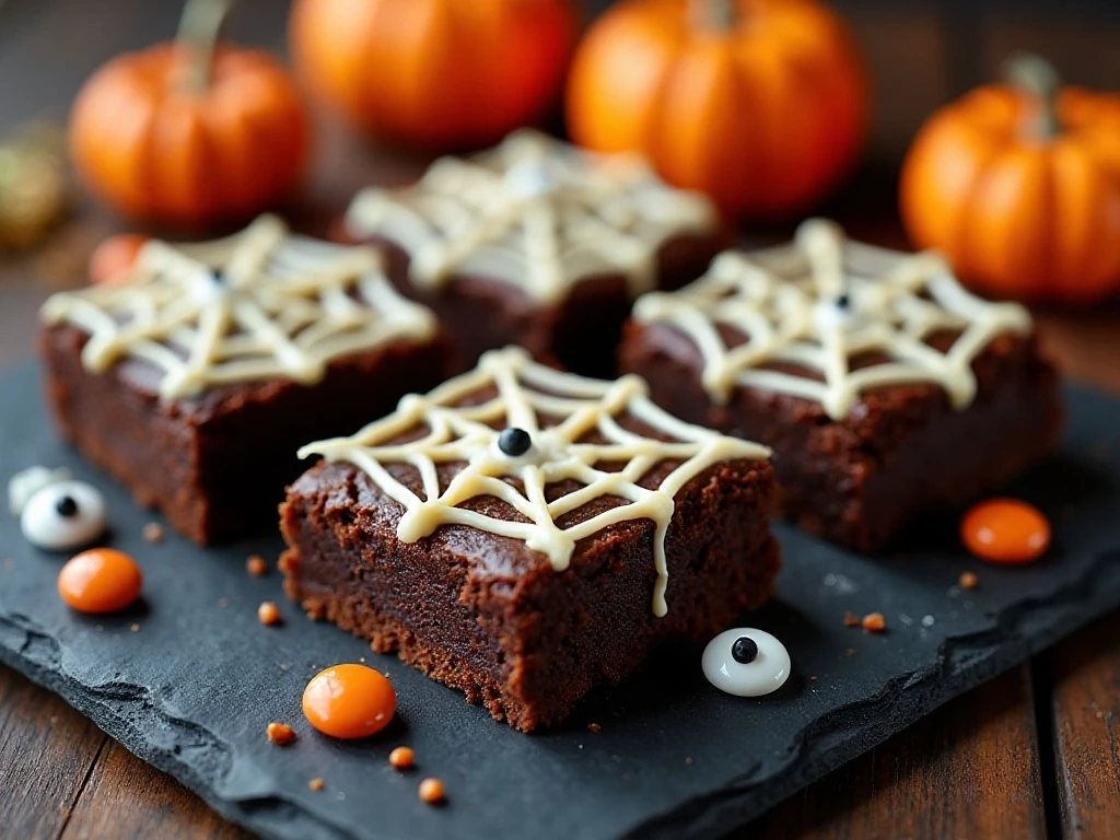 Spooky Halloween brownies arranged on a festive dessert table