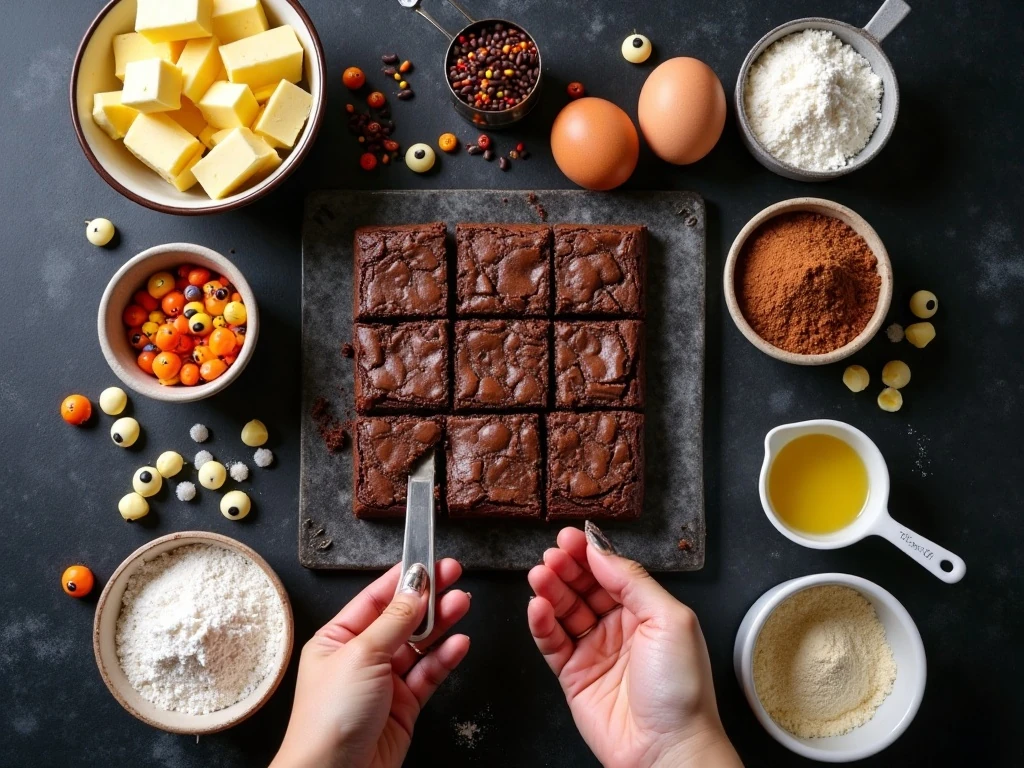 Ingredients for fudgy Halloween brownies and spiderweb decorations
