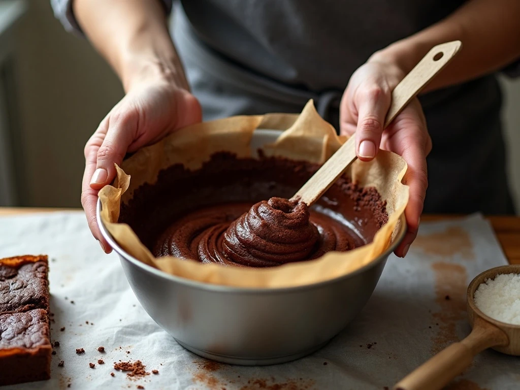 Chocolate brownie batter being prepared in a mixing bowl