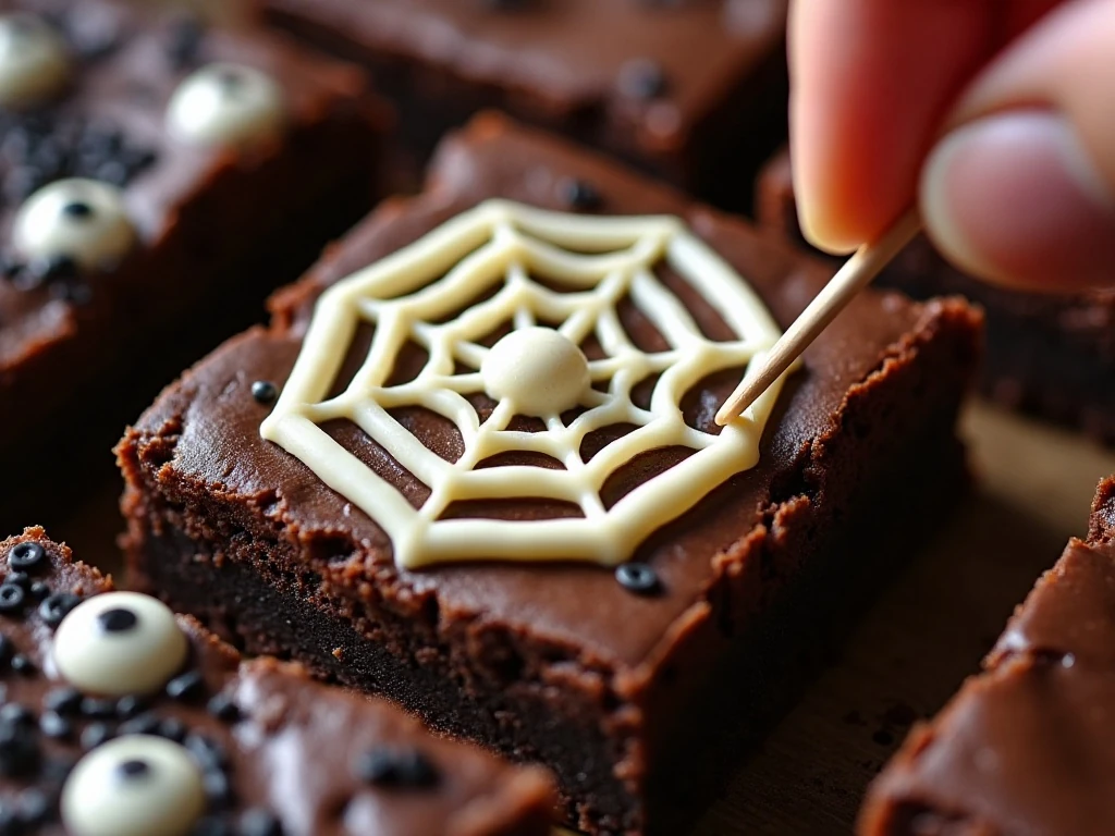 White chocolate spiderweb decoration on a Halloween brownie
