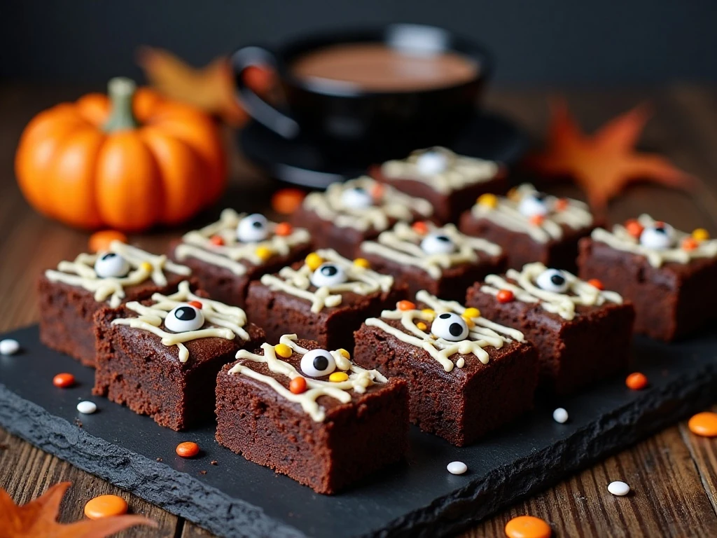 Fudgy Halloween brownies ready to serve at a party