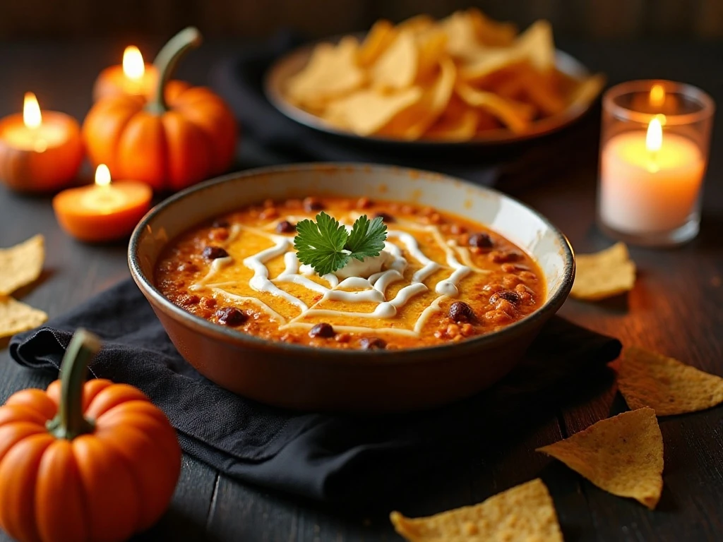 Spooky Halloween chili con queso dip served with tortilla chips at a party