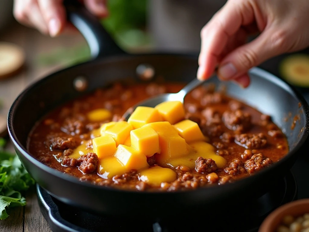 Melting Velveeta into the beef and chili mixture for queso dip