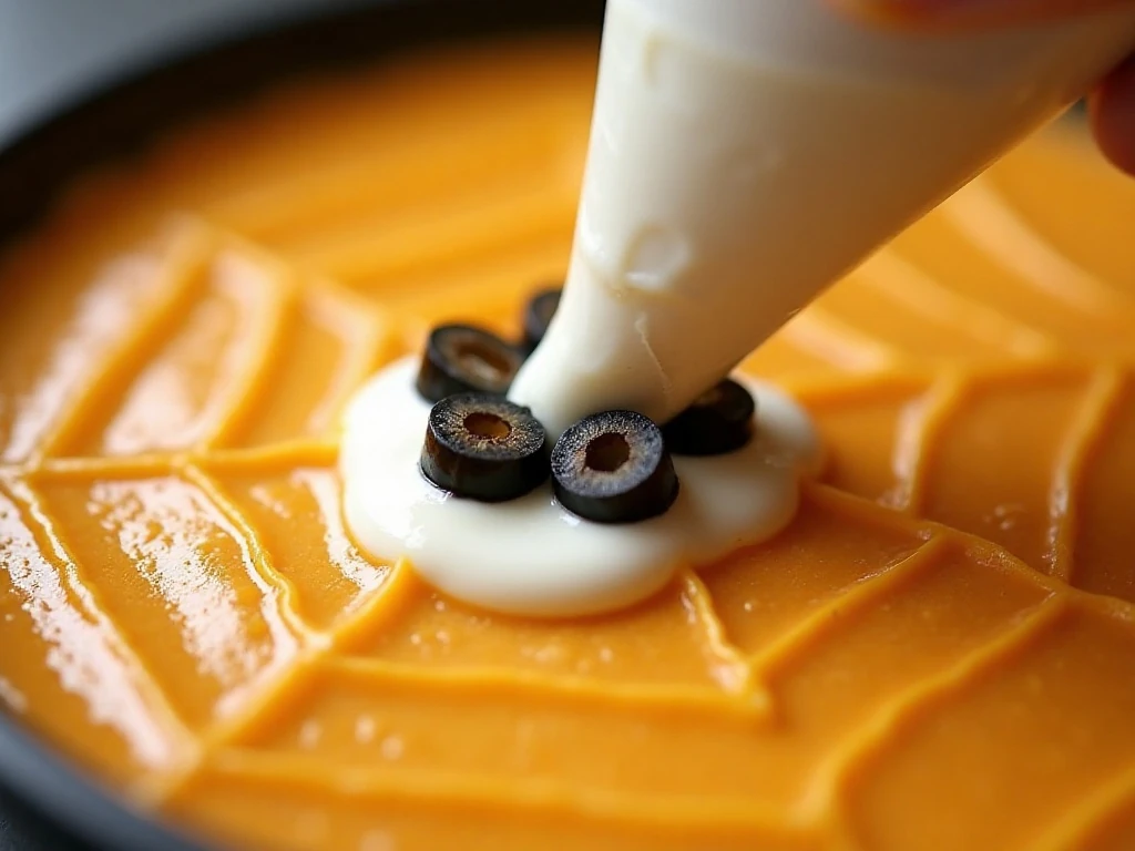 Sour cream spiderweb and black olive spider decorating chili con queso