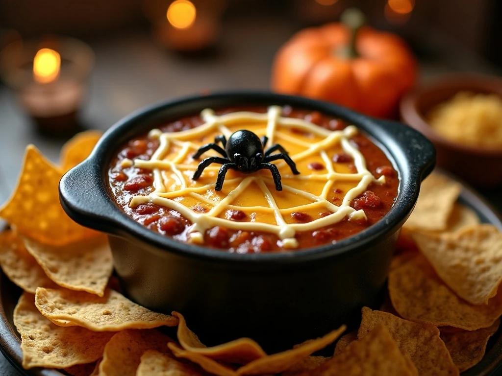 Slow cooker Halloween queso dip with tortilla chips