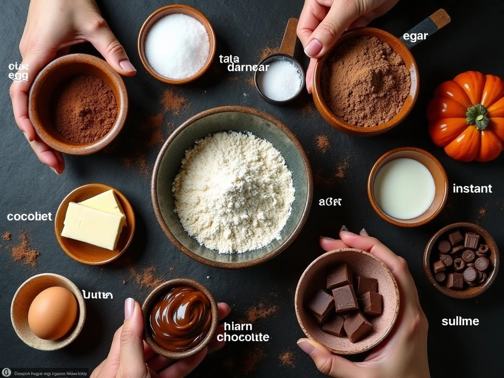 Ingredients for chocolate Halloween spiderweb bread arranged on a dark kitchen surface