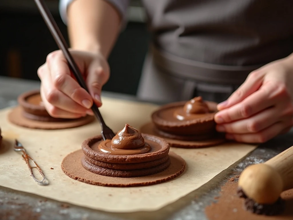 Layering chocolate dough circles with chocolate-hazelnut spread for spiderweb bread