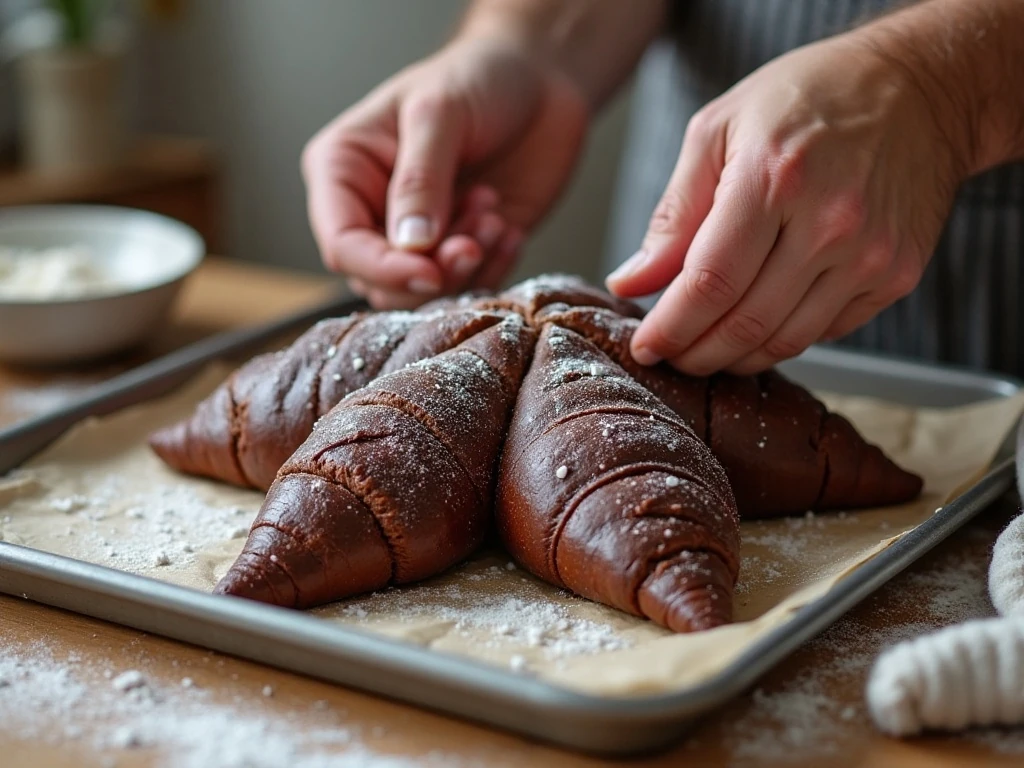 Twisting layered chocolate dough into a starburst bread shape