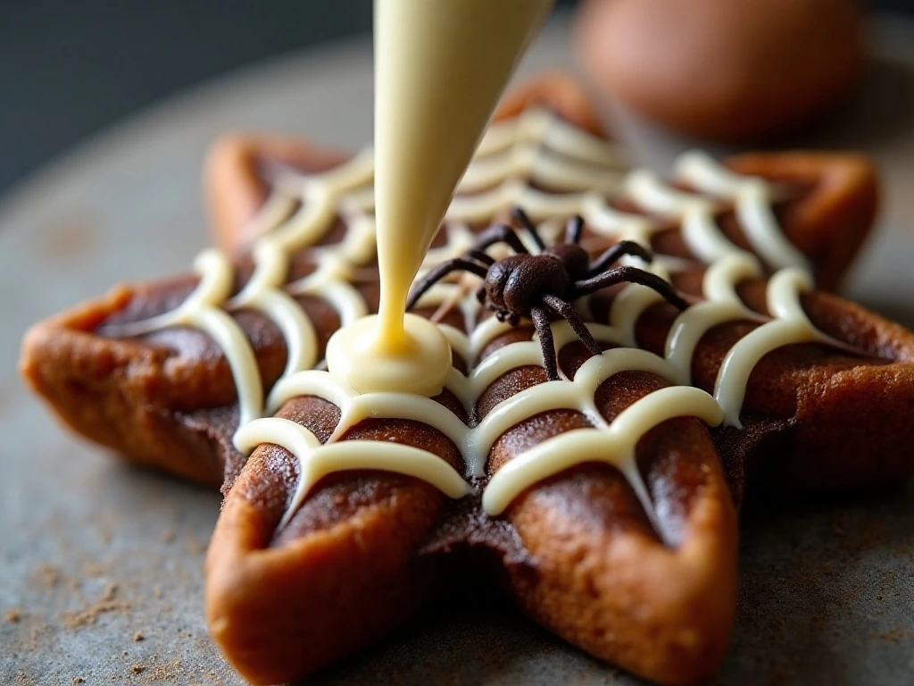 White chocolate spiderweb decoration being added to Halloween bread
