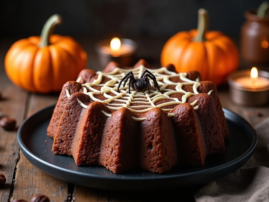 Finished chocolate spiderweb Halloween bread on a serving platter