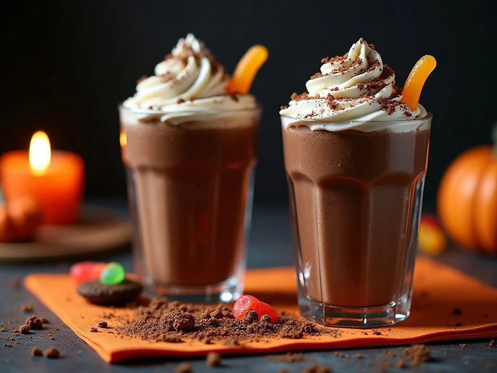 Two creamy Halloween dirt shakes topped with cookie crumbs and gummy worms