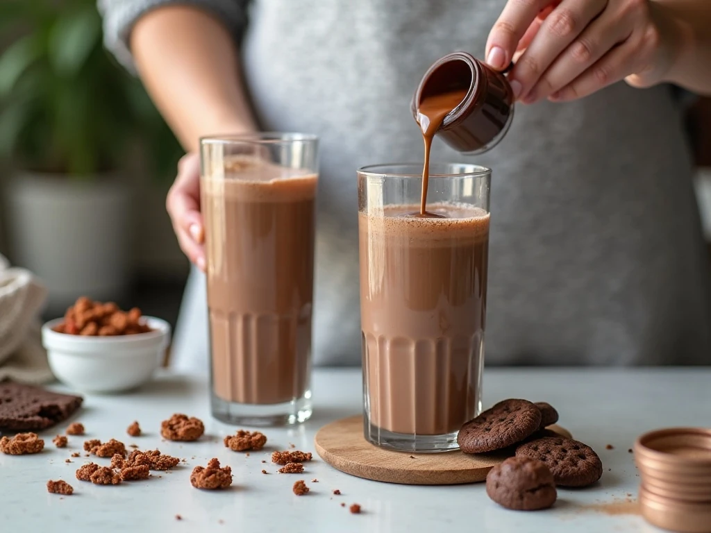 Pouring a thick chocolate cookie shake into a decorated glass