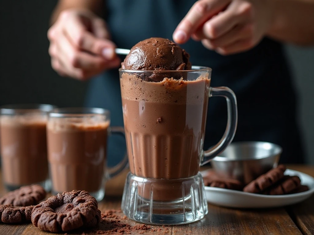 Preparing a thick chocolate cookie milkshake with chilled glasses