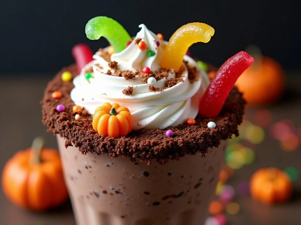 Gummy worms and cookie dirt decorating a Halloween shake