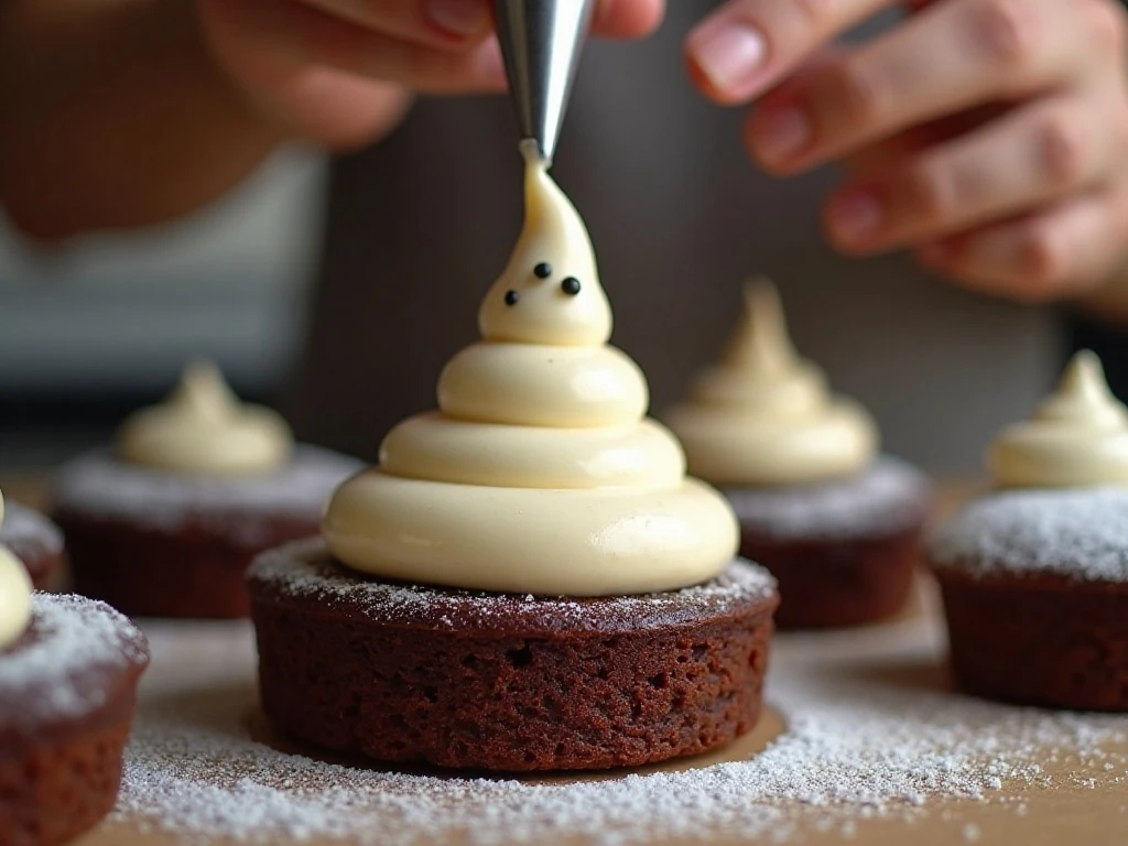 Piping vanilla frosting ghosts onto brownies