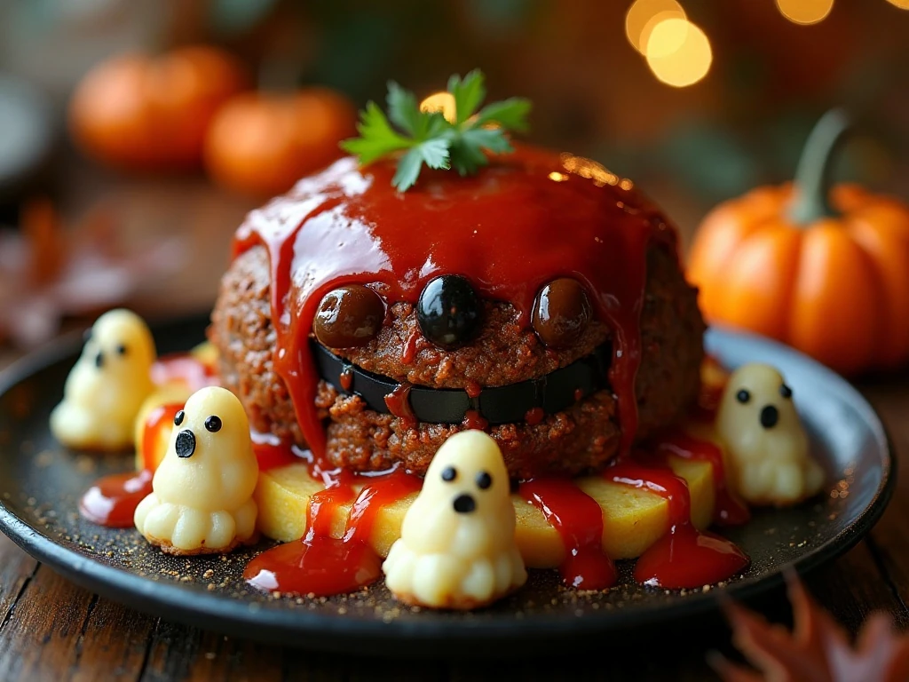 Spooky Halloween meatloaf shaped like a monster with mashed-potato ghosts