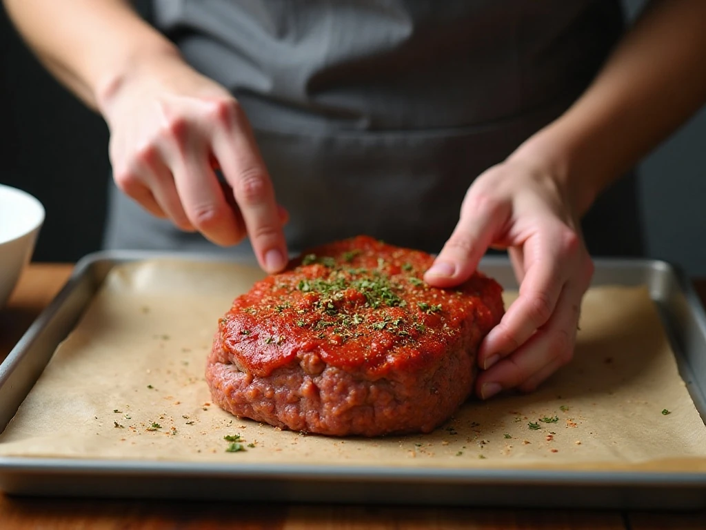Shaping Halloween meatloaf into a monster on a baking sheet