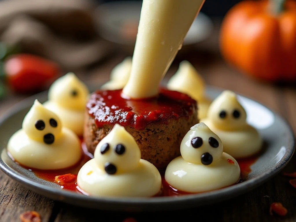 Mashed-potato ghosts decorating Halloween meatloaf