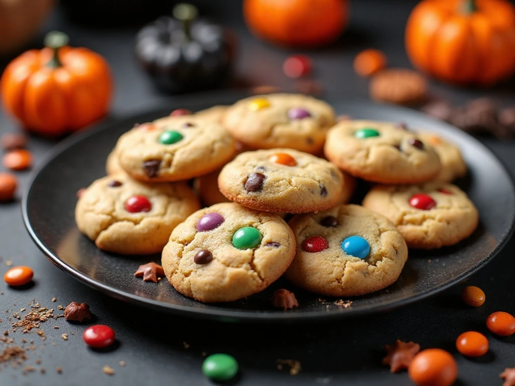 Plate of colorful Halloween Monster Cookies with candy eyes