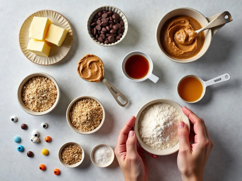 Ingredients for peanut-butter oatmeal Halloween Monster Cookies