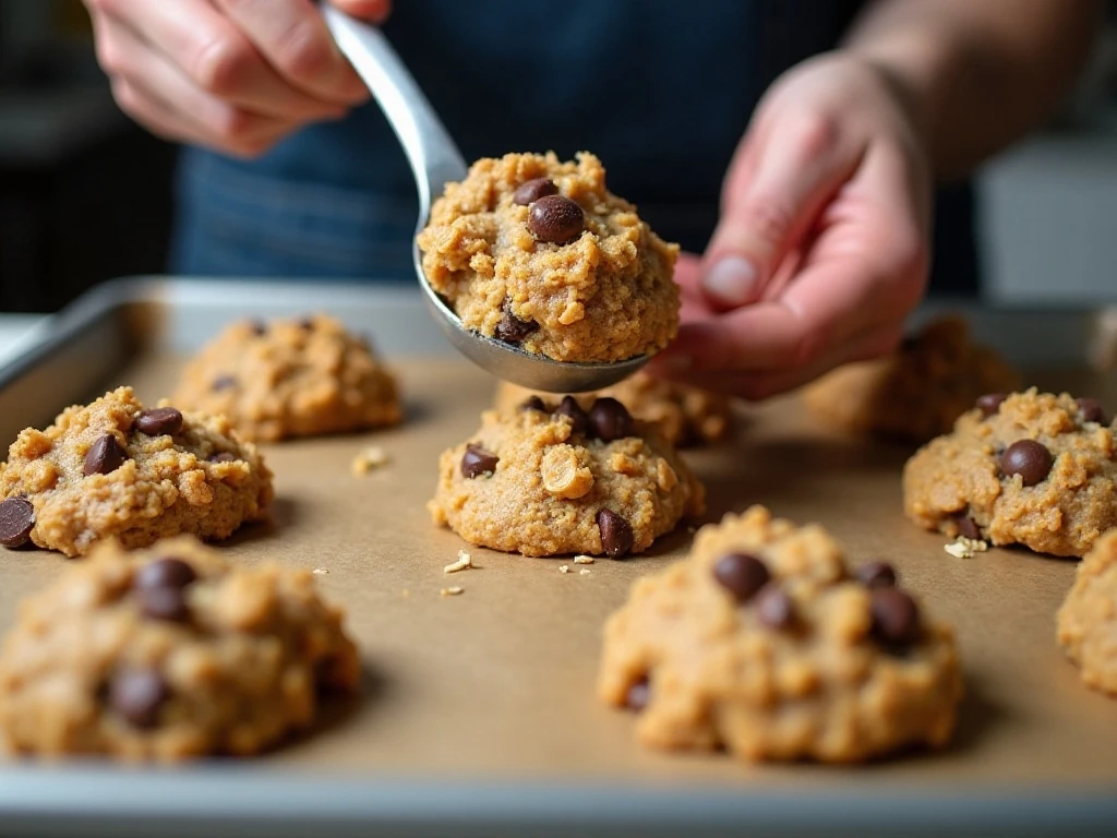 Scooping Halloween Monster Cookie dough onto a baking sheet