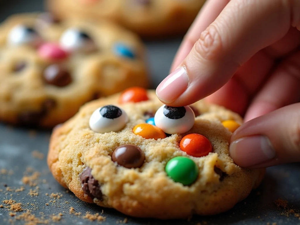 Adding candy eyes to warm Halloween Monster Cookies