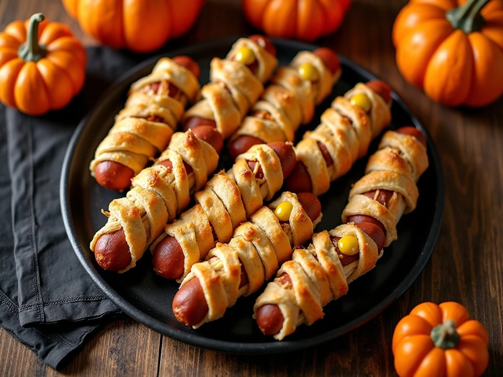 Golden crescent-roll Halloween mummy dogs arranged on a festive platter