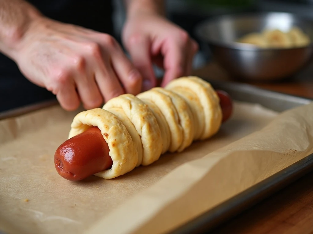 Wrapping crescent dough around a hot dog to make a mummy dog