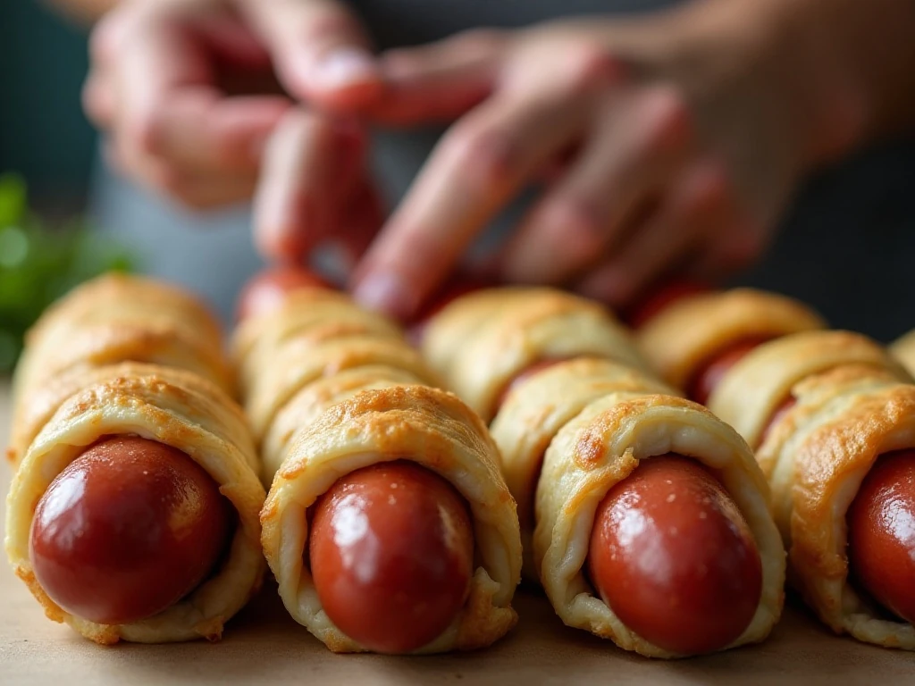 Loose uneven crescent dough bandages on Halloween mummy dogs