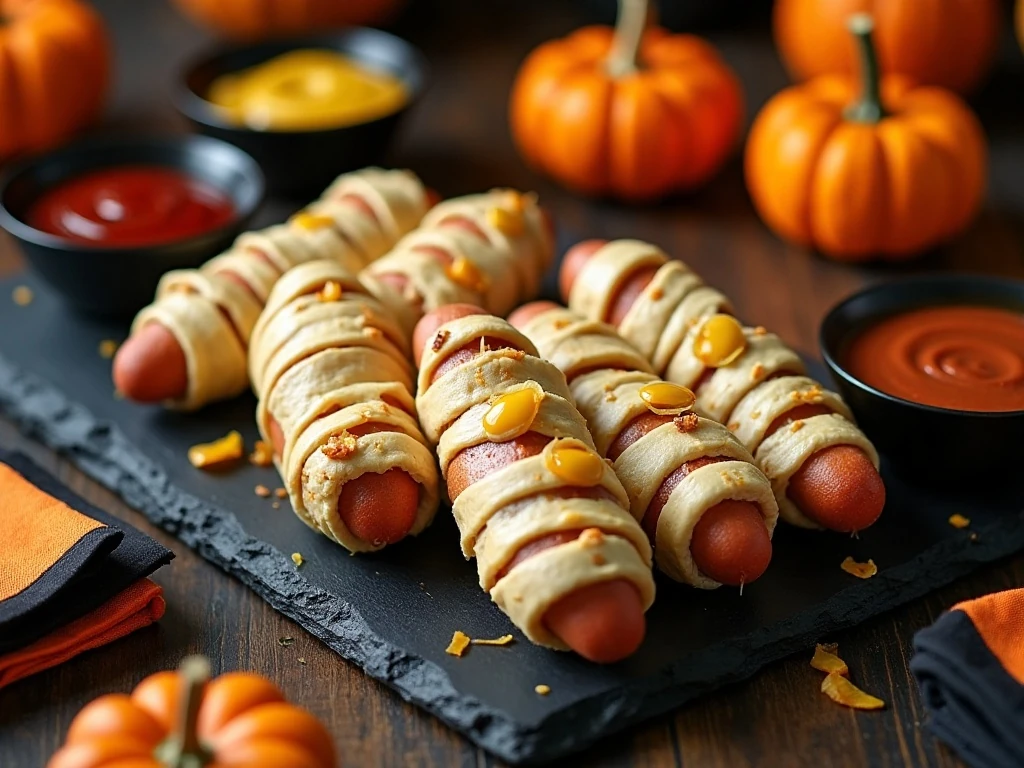 Halloween party platter with mummy dogs and dipping sauces