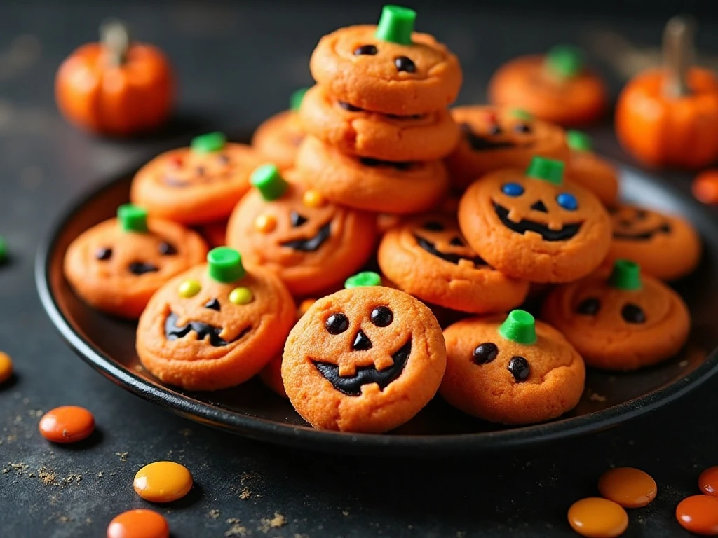 Finished Halloween pumpkin candy bag cookies filled with colorful candies
