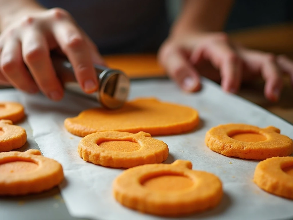Preparing pumpkin-shaped sugar cookies with candy bag windows