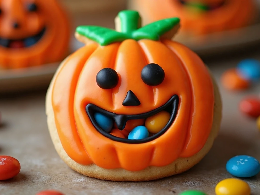 Decorated pumpkin candy bag cookie with Halloween icing details